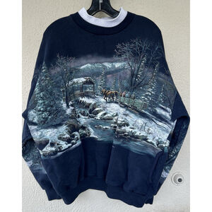 VTG 90's Art Unlimited Winter Wonderland AOP Sweatshirt XL Deer Lake USA Cabin